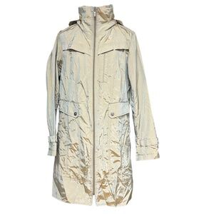 coat COLE HAAN M iridescent beige 34" long rain wind foldaway hood pockets zips